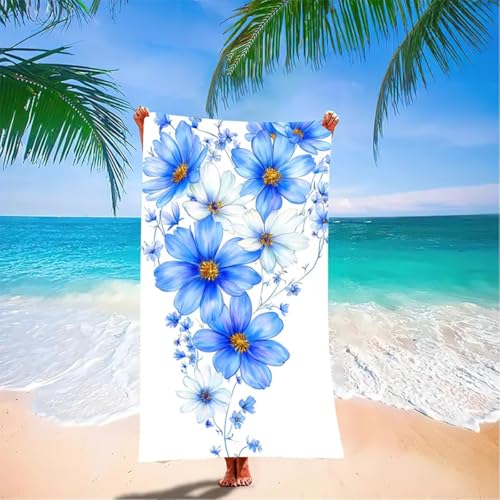 Flor Toalla Playa Microfibra Grande 150 x 75 cm Toalla Gimnasio Hombrecon Bolsa de Almacenamiento, Toallas de Playa de Secado Rápido y Sin Arena, Beach Towel Ligeras para Playa, Viajes - Azul D7-U