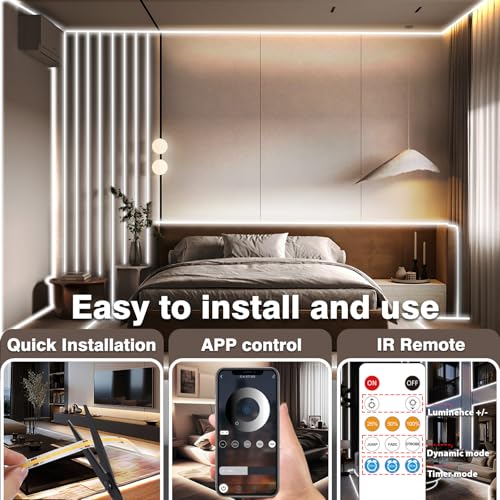 Image of 50FT COB Led Strip Lights, Uniform 6500K COB Rope Light,Bright Daylight White Lights,High Density,App /Remote Control,Indoor 24V Cuttable Cabinet Lights for Bedroom,Bookshelf,Showcase,Kitchen