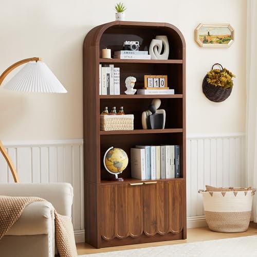 ORRD 70' Tall Arched Bookshelf with Storage Cabinet, Modern 4-Tier Wood Bookcase with Scalloped Doors & Gold Handles, Open Display Shelves for Living Room, Bedroom, or Home Study Office (Walnut)