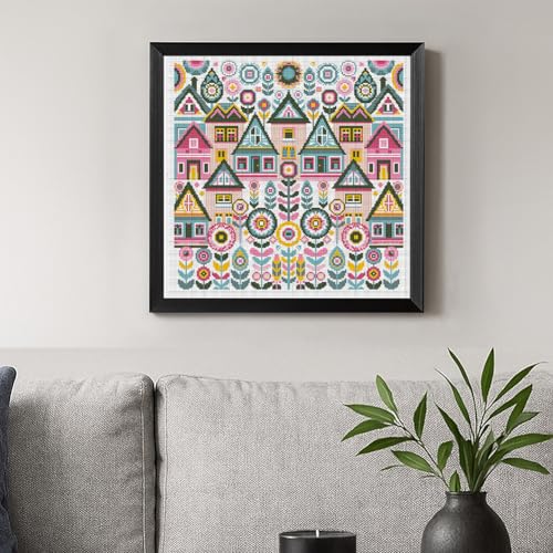 Image of FREEBLOSS 11CT Vector Cottage Stamped Cross Stitch Kits Complete Embroidery Kits with Instruction Cross Stitch Wall Hanging Kit for Needlepoint Adults Wall Art Decoration 18x18in /45x45cm