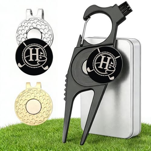 KAIYOCA Outil de réparation de divot de golf avec 2 marqueurs de balle personnalisés et 2 clips magnétiques pour chapeau, 7 en 1 : support de club/brosse/nettoyeur de rainures/décapsuleur, accessoires