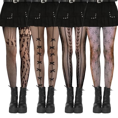 4 Stück Netzstrumpfhose Schwarz, Strumpfhosen Damen Muster, Hohe Taille für Damen, Gemusterte Sexy, Fishnet Stockings, Dehnbare Netzstrümpfe