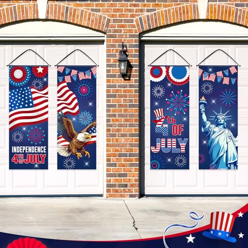 Image of Panelee 4 Pcs 4th of July Decorations Patriotic American Flag Eagle Porch Banner Independence Day Hanging Banner Porch Signs for Independence Memorial Veterans Day Wall Indoor Outdoor Decor(Patriotic)