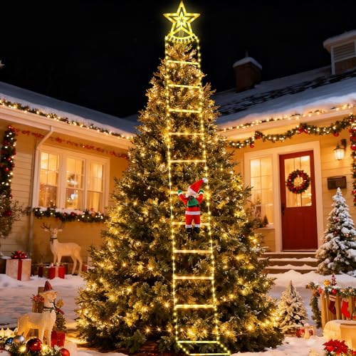 Fohil Luci Natalizie da Esterno, LED Stella Luci per Scaletta con Babbo Natale, 8 Modalità Luci Natale Esterno, Decorazioni Natalizie per Esterno Interno Finestra, Addobbi Natalizi per Casa Giardino
