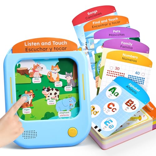 Image of JoyCat Bilingual Kids Learning Tablet, 106 Pages Spanish & English Talking Cards with 20 Interactive Games, Montessori Toy for Alphabet, Words, Numbers, Colors & Songs, Learning Gifts for Toddler 2-6