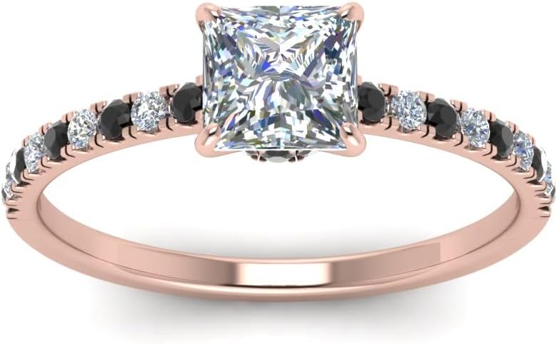 Choose Your Color Princess Shape 14k Rose Gold Plated Hidden Halo Petite Diamond CZ Halo Engagement Ring for Women : US Size 4 to 12