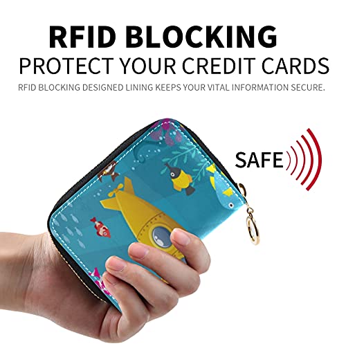 Colorful Cartoon Yellow Submarine Fishes Underwater Grey Credit Card Coin wallet, RFID Blocking Compact Women Leather Card Holder, Key Change Organizer, Zipper Purse Clutch Pouch Pocket2