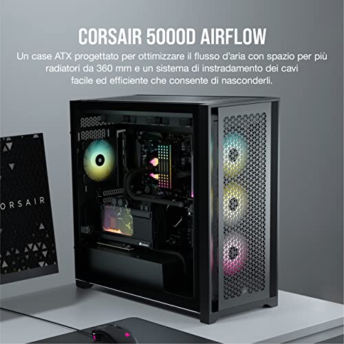 Corsair 5000D Airflow Case ATX Mid-Tower con Vetro Temperato, Pannello Anteriore a Flusso d'aria Elevato, Sistema di Gestione dei cavi Corsair RapidRoute, Due Ventole da 120 mm Incluse, Nero - Immagine 1