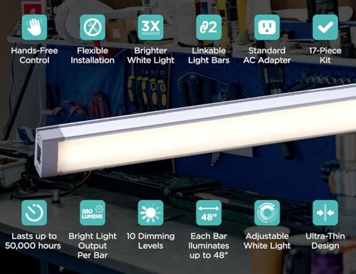 Image of PureOptics LED Under Cabinet Light Kit, Motion Sensor, Dimmable, Linkable, 3 Color Settings, Tool-Free, Utility Light, Closets, Garage, Pantry, (1) 24 inch Bars