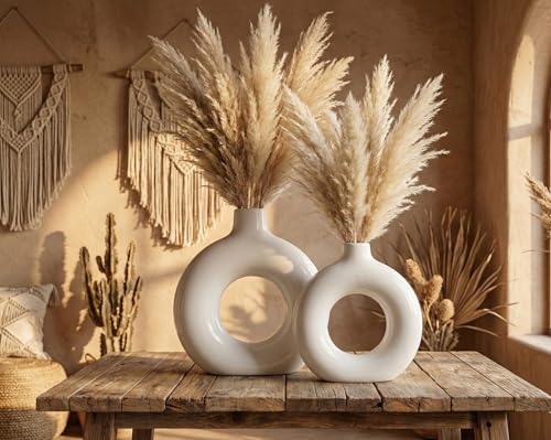 Image of Ceramic Donut Vase Modern Flower Vase | Decorative Centerpiece Vase for Pampas Grass Dried Flowers | Minimalist Home Office Table Decor | Handcrafted Gift (9+6 Inch (Pack-2))