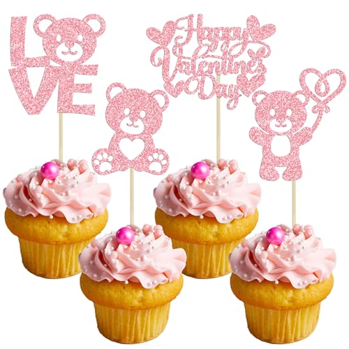 Gyufise 24Pcs Happy Valentine's Day Cupcake Toppers Pink Glitter Bear Love I Do Cupcake Picks for Valentine's Day Theme Wedding Bridal Shower Birthday Party Cake Decorations Supplies