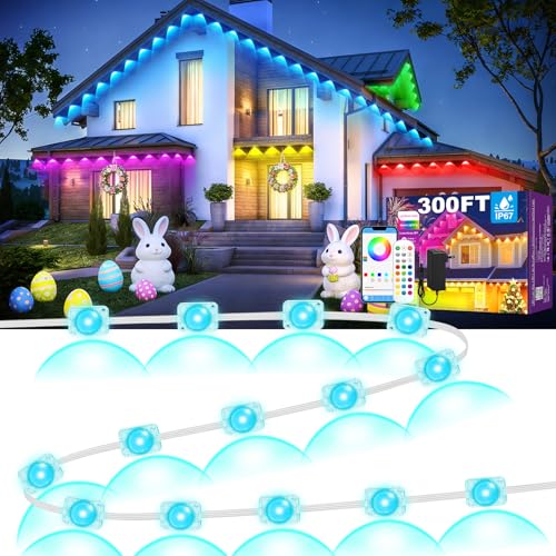 MUCCCUTE Permanent Outdoor Lights for Holidays Easter 300ft RGB House Light w/App & Remote Control Smart Rainbow LED IP67 Waterproof for New Year Christmas Roof Eaves Garden Décor All Year Around