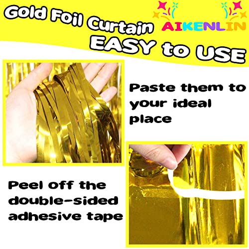 Image of 4 Pack 3.2Ft x 8.2Ft Gold Foil Fringe Curtain Backdrop, Metallic Tinsel Foil Fringe Streamers Curtains Background for Photo Booth, Birthday, Wedding, Halloween, Christmas Party Decoration