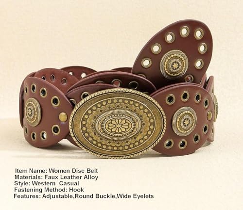 INOGIH Womens Wide Western Cowboy Disc Belt Vintage Cowgirl Concho Leather Belts Boho Style for Jeans Dress Skirt3