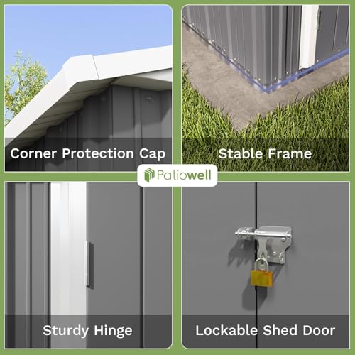 Image of Patiowell 8x6 FT Outdoor Storage Shed, Garden Storage Shed | Metal Outdoor Sheds with Sloping Roof & Double Lockable Door for Backyard Garden Patio Lawn, Gray
