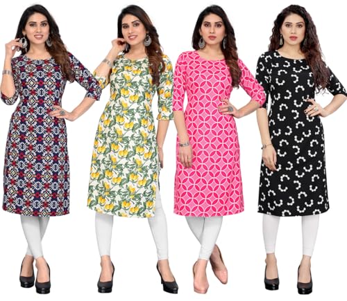 Image of JAKHANA Women's Crepe Printed Casual Straight Calf Length Round Nick Kurta Pack of 4