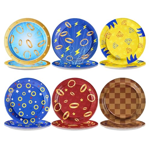60Pcs Blue with Gold Ring Paper Plates 9 Disposable Heavy Duty Cartoon Tinsel Video Games Dessert Paper Plates Hedgehog Party Tableware Set for Birthday Graduation Baby Shower Party Decorations