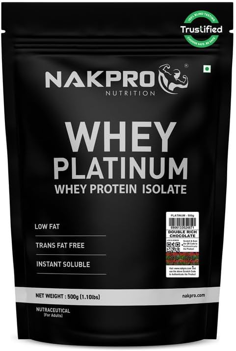 Platinum Whey Protein Isolate 500g Double Rich Chocolate | 28g Protein, 6.4g BCAA | Trustified Certified 100% Authentic Supplement Powder & No Adulteration | Low Carbs, Fast Absorbing Whey Pro