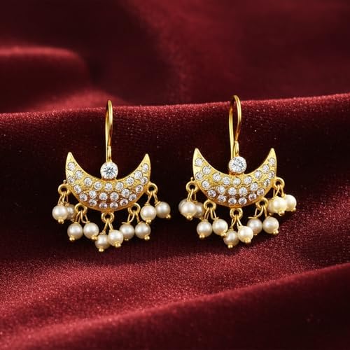 Image of VAMA FASHIONS 18K Gold Plated Anti Tarnish Half Moon Peacock Shape Traditional Maharashtrian Press on Bugadi Upper Ear Clip on Earrings For Women & Girls