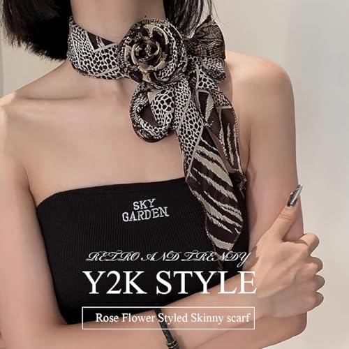 Skinny Scarf Narrow Long Neckerchief Rose Flower Styling Polka Dot Leopard Print y2k Style Slim Neck Scarf Choker3
