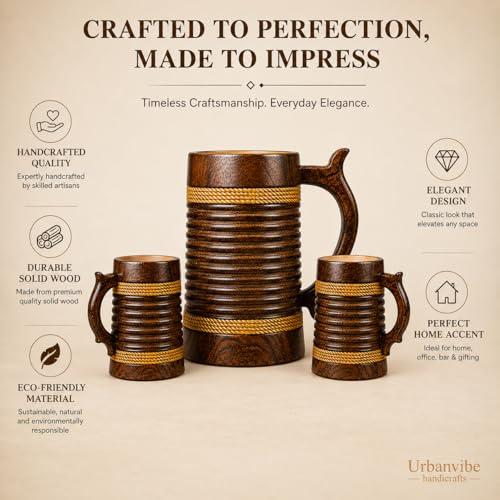 Image of Wooden Beer Bar Combo Set | Barrel Shaped Jumbo Mug | 2 Small Beer Mug 350ML (5 x 4 inches Each) & 1 Large Beer Jug 750ML | Ring Groves