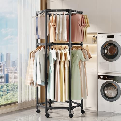 LOSTTYPE Séchoir à linge hexagonal double couche amovible avec rotation à 360 degrés, support mobile au sol pour maison, chambre à coucher, balcon,...