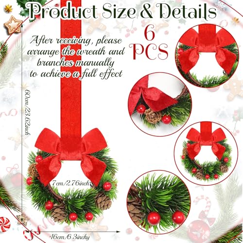 Image of Dingion 6 Pcs 6 Inch Christmas Mini Cabinet Wreaths for Kitchen with Ribbon Bows Pinecone Berry Small Window Wreath Garland for Door Window Farmhouse Christmas Party Decorations