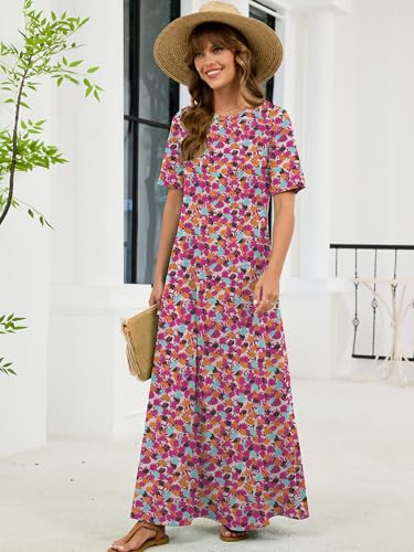 KORSIS Women's Maxi Dresses Mid Sleeve Flowy Summer Fall Winter T-Shirt Cocktail Long Dress Loose Fit Layering Sundress with Pockets Vibrant Bloom Large — view 4