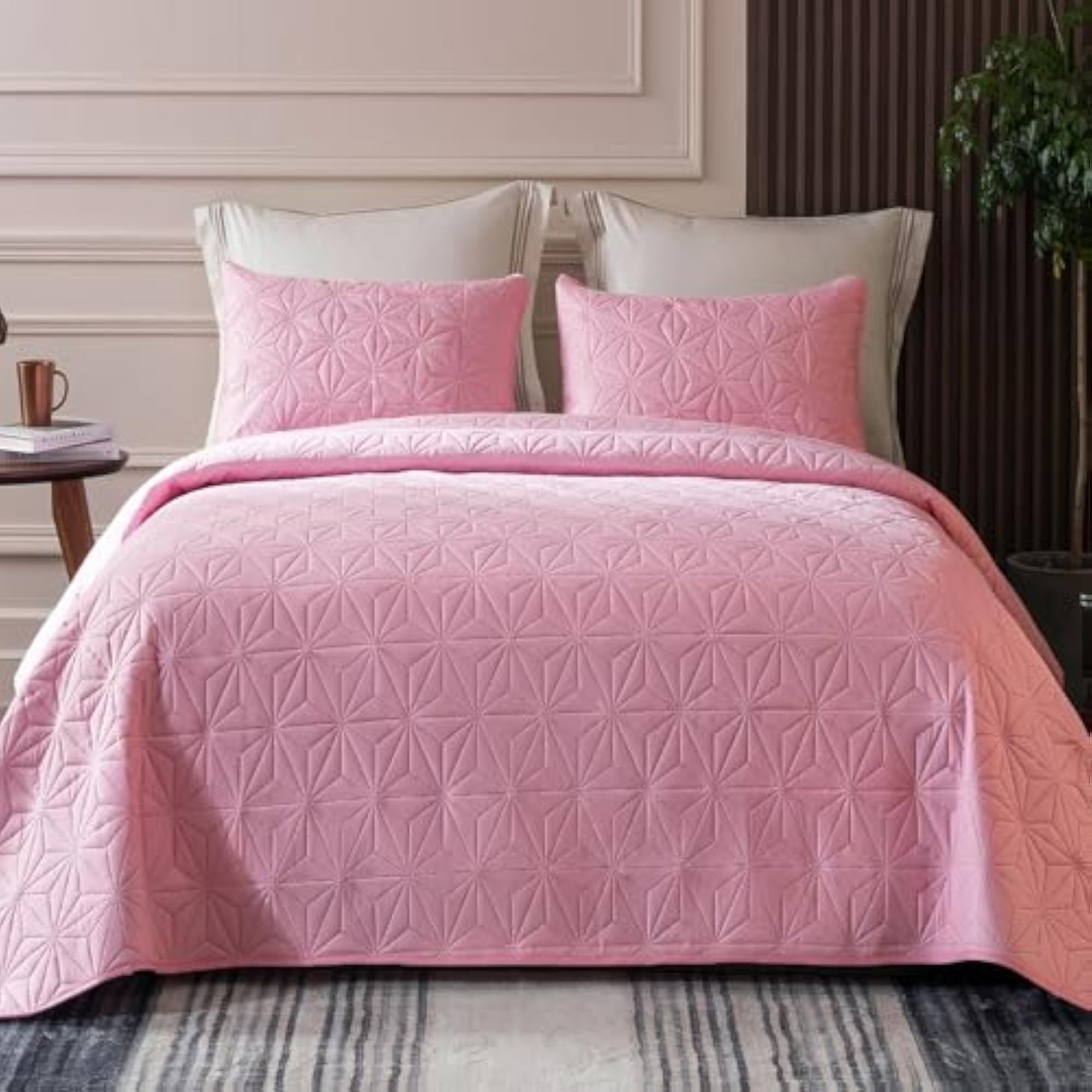 3 Pieces Lightweight Quilted Bedspread Set, Hexagram Stars Pattern, King Size