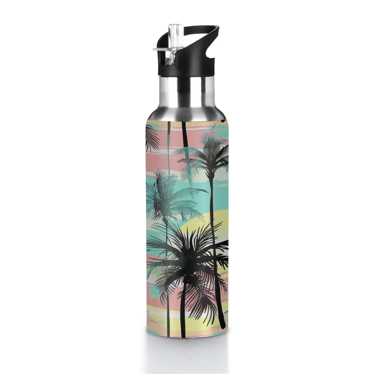 VQUVQV Insulated Water Bottles with Straw Lid, Colorful Palm Trees Stainless Steel Drinks Bottle Leakproof Vacuum Flask for Running, Sports, Gym, Travel, 600ml