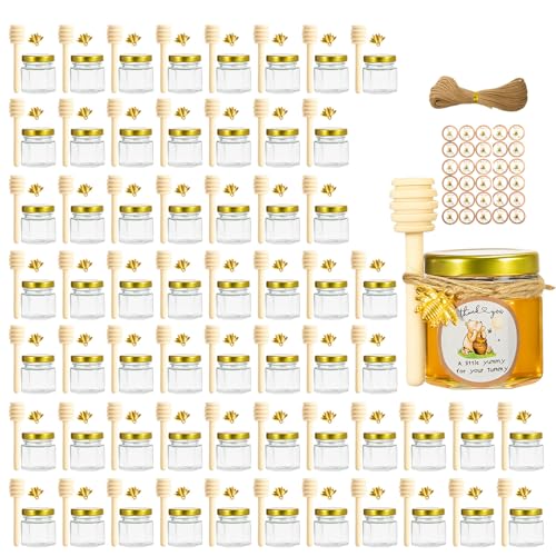 Youyijia 60er Set Mini Honiggläser 1 5oz Hexagon-Glasflaschen mit Holz-Dipper Goldener Deckel Bienenanhänger Jutesackabdeckung & Etiketten für Hochzeiten & Partygastgeschenke