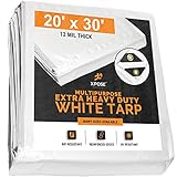 Heavy Duty White Poly Tarp 20' x 30' Multipurpose Protective Cover - Durable, Waterproof, Weather Proof, Rip and Tear Resistant - Extra Thick 12 Mil Polyethylene - by Xpose Safety