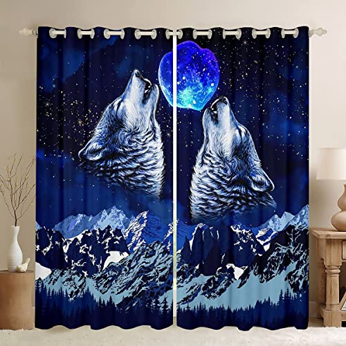 Wolf Drucken Blickdichte Vorhänge Galaxis Safari Tiermuster Vorhänge für Kinder Jungen Mädchen Jugendliche Blau Mond und Mond Berg Fenstervorhang 245x140cm Heulender Wölfe Raumdeko Cover