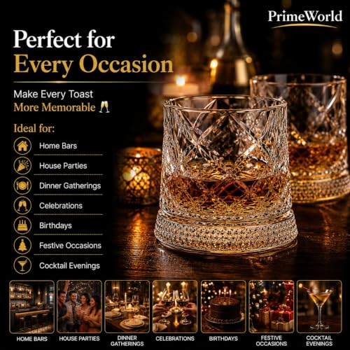 Image of PrimeWorld Diamond Cut Rotating Whiskey Glasses - Set of 6 | 300ml 360 Spinning Old Fashioned Tumblers | Premium Crystal Clear Lead-Free Rocks Glasses for Whiskey, Scotch, Bourbon, Brandy, Rum