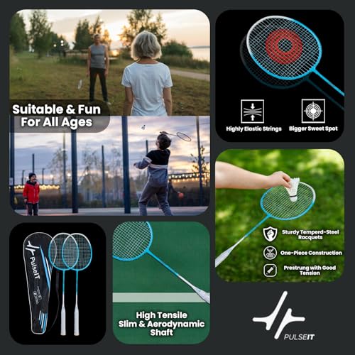 Image of PulseITSmash Badminton Racket- for Men & Women. Lightweight Aluminum Frame with High Tension Strings. Indoor /Outdoor Badminton Racquet for Training, Power Play & Control. (Blue)