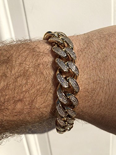 15Mm 8.5" Miami Cuban Link Bracelet - 18Ct Tw Vvs Lab Diamonds - 14K Gold Plated Stainless Steel - Iced Bling - Looks Just Like Real Gold #TOP3