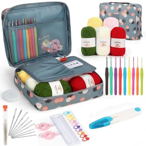 Image of Dodhar Crochet Kit for Beginners with Yarn - Complete Learn to Crochet Starter Kit for Kids Ages 8-12, Ergonomic Soft Grip Hooks, Accessories & Blue Flower Storage Bag (Blue Bag n kit)