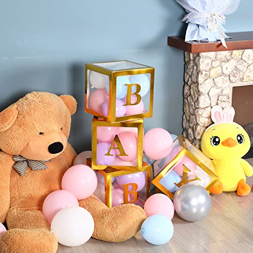 Image of Sooyee Gold Clear Baby Boxes with Letters for Baby Shower Birthday Party Decorations, Transparent Ballon Boxes Backdrop,Gender Reveal, Baby Blocks