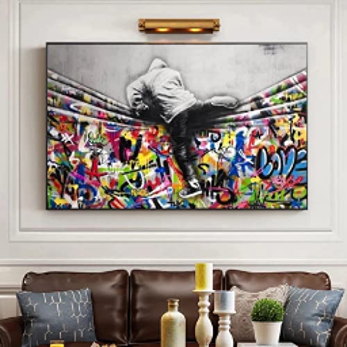 Toile graffiti art Derrière Le Rideau Garçon 50x70cm sans cadre pour décoration moderne