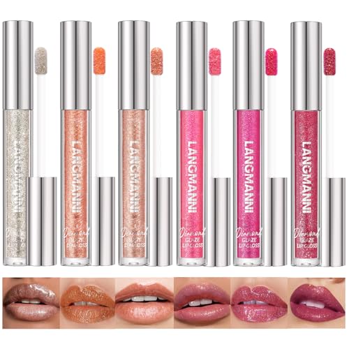 LANGMANNI 6 Colors Diamond Glitter Lip Gloss Set,Long Lasting High Shine Shimmer Liquid Lipstick...