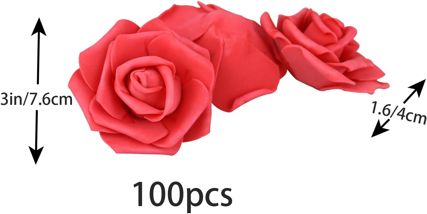 3 x 1.6 x 3 inches 100pcs DIY Real Touch 3D Artificial Foam Rose Head Without Stem for Wedding Party Home Decoration (Red) image 2