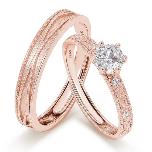 Meissa Anillos Promesa Alianzas de Plata Pareja Solitario Plata de ley 925 Mujer Ajustable Anillo de Compromiso Boda Pareja Novios Regalo de San Valentín Aniversario, Rosado (Juego de dos anillos)