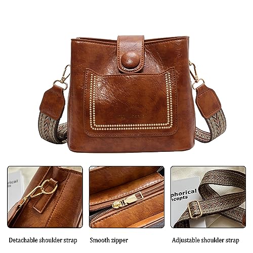 Image of Small Crossbody Bag for Women Trendy Vegan Leather Shoulder Bucket Bag Hobo Handbags with 2 Adjustable Guitar Straps (Black)