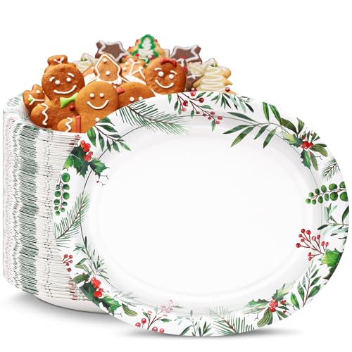 VEIZEDD 50 Count Oval Christmas Plates 12x10 Heavy Duty Paper Plates with Holly Leaves Red Berries for Xmas Holiday Wedding Green and Red Party Supplies Decor
