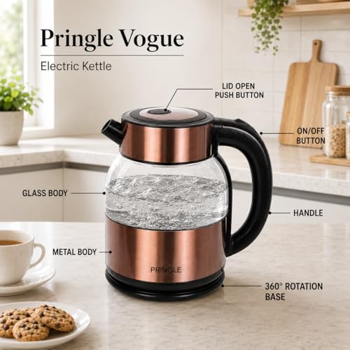 Image of Pringle Vogue 1.8L Electric Glass Kettle 1350W | Double Fada Controller | Double Layer Cool Touch Design | Auto Shut-Off & Boil Dry Protection | Fast Boiling | 1 Yr Warranty | Copper