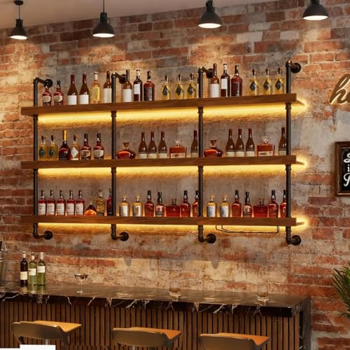 Image of 55.1in Wall Mounted Wine Rack with LED Light Solid Wood | 3-Tiers Liquor Bottles Floating Shelves Display Storage Organizer for Home Bar & Dining Room