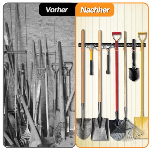 3-H Wandhalterung für Gartengeräte 4 x 42 cm Vollstahl Schwerlast, Gartengerätehalter Garage Gartenhaus Geräteschuppen, Schwarz