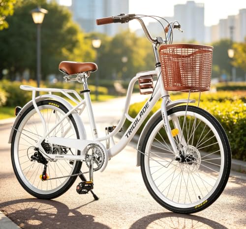LSBIKE Ladies Bike with Basket 24/26in 7 Speed City Bicycle Women Girls Comfort Bike Lightweight Frame Hybrid Disc Brakes with Cupholder Steel Rear Rack Adjustable Handbar and Seat (White 24inch)