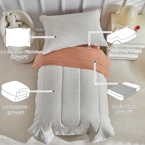 Image of DuShow Leaf Toddler Bedding Set for Boys and Girls,Cute Colorful Botanical Flowers, 4 Pieces Soft Crib Bedding Set Including Comforter, Sheets and Pillowcase