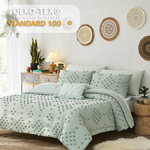 Image of Geniospin Girls Full Size Comforter Sets - 7 Pieces Pom Tufted Bed in a Bag | All Season Shabby Chic Full Size Bedding Sets with Comforter, Sheets, Pillowcases & Shams, Sage Green